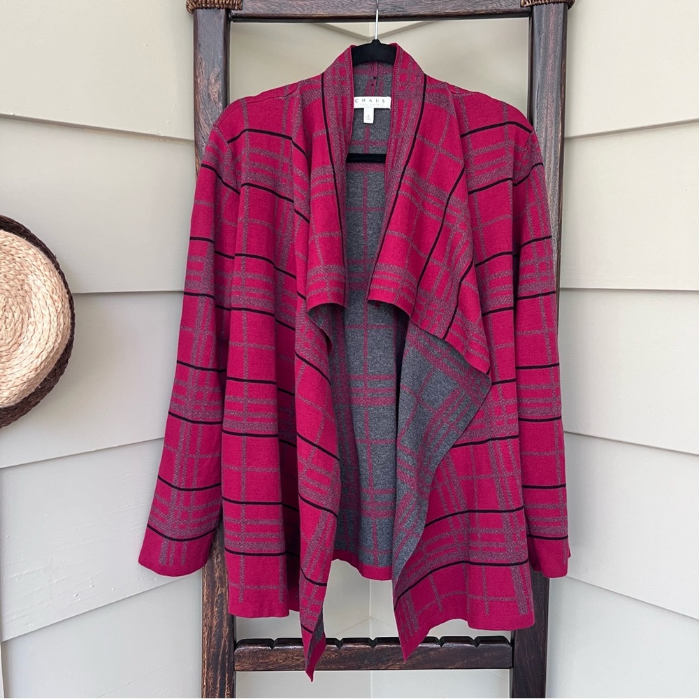 Chaus New York Knit Cardigan Womens Large Red Plaid Open Front Sweater Jacket